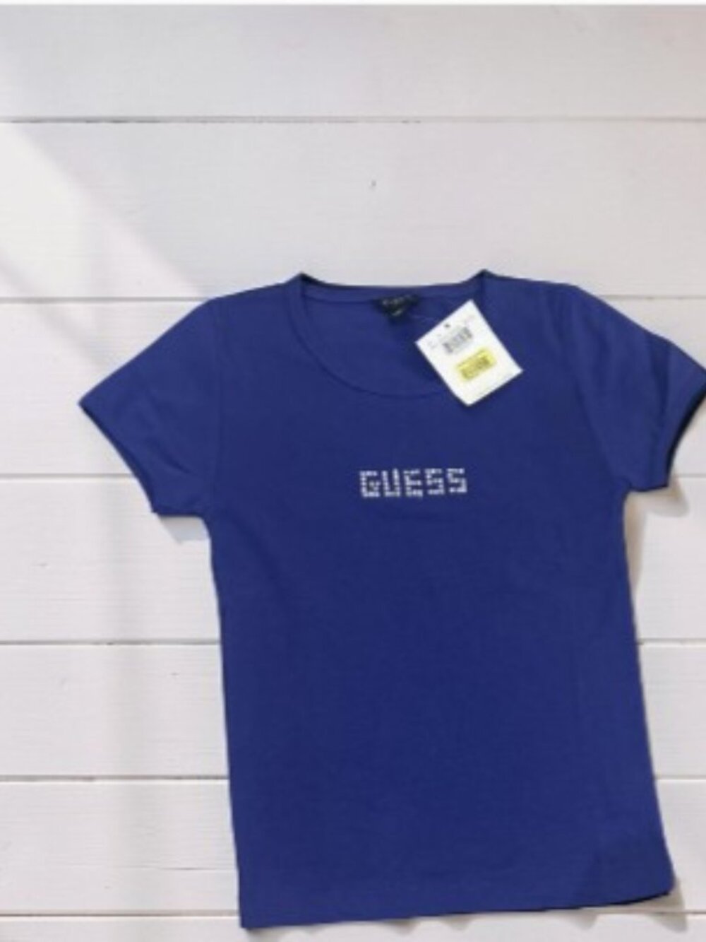 NWT VTG Guess Womens S/M Royal Blue Rhinestones Studded Logo Baby Tee Shirt